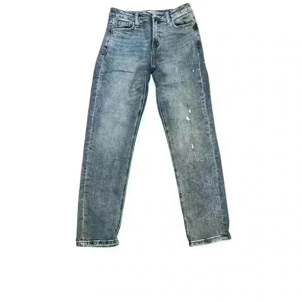 Straight leg jeans. Some distressing on the left leg. high waist 27" inseam.